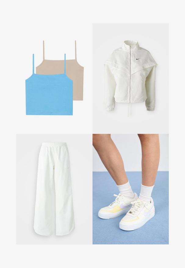 Giacca bianca a maniche lunghe con zip e colletto alto, dettaglio a mantella sulle spalle, polsini elasticizzati e piccolo logo Nike nero sul petto.; Even&Odd 2 PACK - Top - azure blue/simply taupe; Pantaloni sportivi bianchi a gamba larga con vita a coste e delicato dettaglio del logo. Tessuto liscio con vestibilità rilassata e orlo affusolato.; Sneakers bianchi in pelle con accenti gialli e lavanda, punta tonda, lacci piatti e suola in gomma texturizzata. Indossati con calzini bianchi.