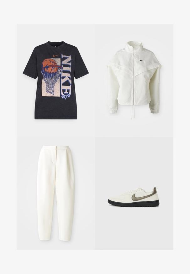 Witte lange mouwen zip-up jas met hoge kraag, cape-achtige details over de schouders, elastische manchetten en een klein zwart Nike-logo op de borst.; Zwarte katoenen t-shirt met een grafische afbeelding van een basketbal in een net, met de teksten "NIKE" en "1972". Korte mouwen en een ronde hals.; Hoog-waisted witte tapered broek met een verborgen sluiting aan de voorkant en zijzakken, weergegeven tegen een effen witte achtergrond.; Nike Sportswear FIELD GENERAL - Sneakers laag - off-white/black