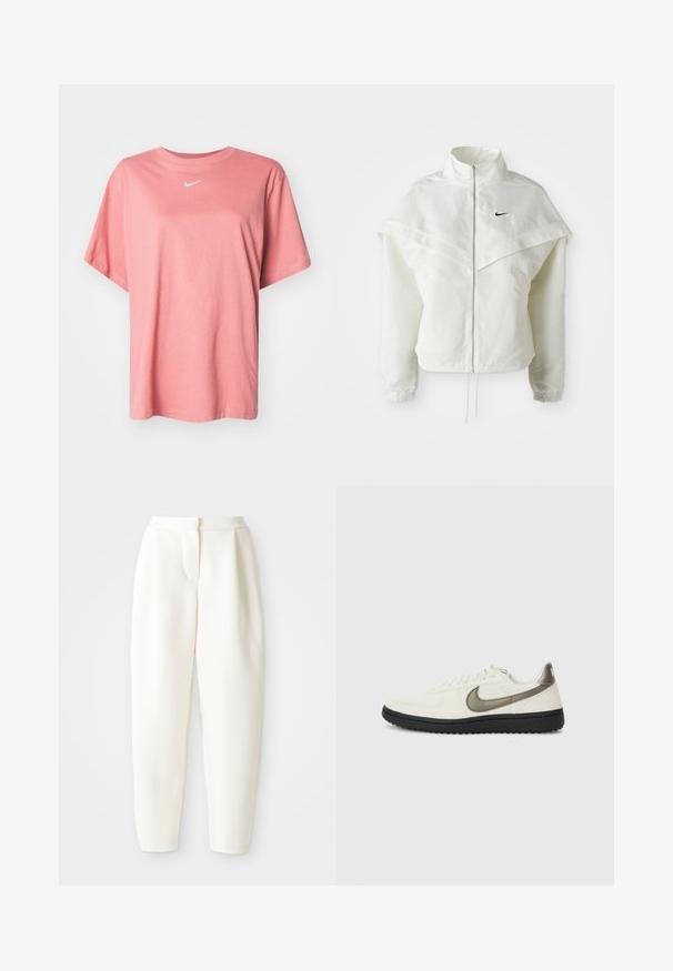 Bílá dlouhá zipová bunda s vysokým límcem, pláštěnkovým detailem přes ramena, elastickými manžetami a malým černým logem Nike na hrudi.; Nike Sportswear TEE - Jednoduché tričko - canyon pink; Bílé kalhoty s vysokým pasem a zúženým střihem, se skrytým předním zapínáním a bočními kapsami, vystavené na čistém bílém pozadí.; Nike Sportswear FIELD GENERAL - Tenisky - off-white/black
