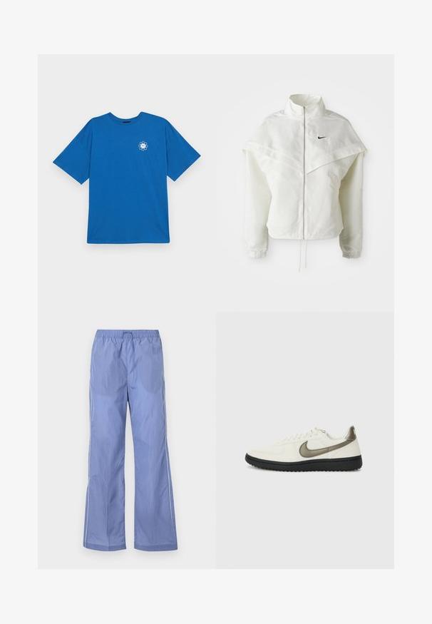 Λευκό ζακέτα με μακριά μανίκια και κλείσιμο με φερμουάρ, υψηλό γιακά, λεπτομέρεια που μοιάζει με κάπα στους ώμους, ελαστικούς μανσέτες και μικρό μαύρο λογότυπο Nike στο στήθος.; Even&Odd Curvy LIZ FEEL GREAT  - Μπλουζάκι με στάμπα - blue; Μπλε ελαφριά παντελόνια με ελαστική μέση, διαθέτοντας άνετη εφαρμογή και πλαϊνές ραφές. Φτιαγμένα από λείο, ανθεκτικό υλικό.; Nike Sportswear FIELD GENERAL - Αθλητικά παπούτσια - off-white/black