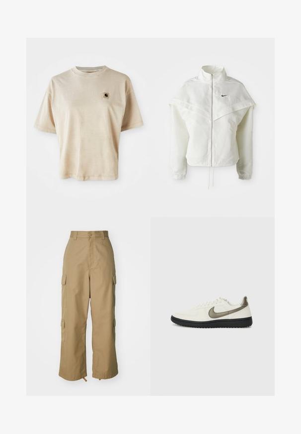 Biela bunda s dlhým rukávom na zips a vysokým golierom, s plášťovým detailom cez plecia, elastickými manžetami a malým čiernym logom Nike na hrudi.; Béžové bavlnené tričko s voľným strihom, okrúhlym výstrihom, krátkymi rukávmi a malou štvorcovou nášivkou na ľavej strane hrude.; béžové cargo nohavice s vysokým pásom, širokými nohavicami a štyrmi veľkými bočnými vreckami. Vyrobené z odolnej tkaniny s hladkou textúrou a minimálnymi detailmi.; Nike Sportswear FIELD GENERAL - Tenisky - off-white/black