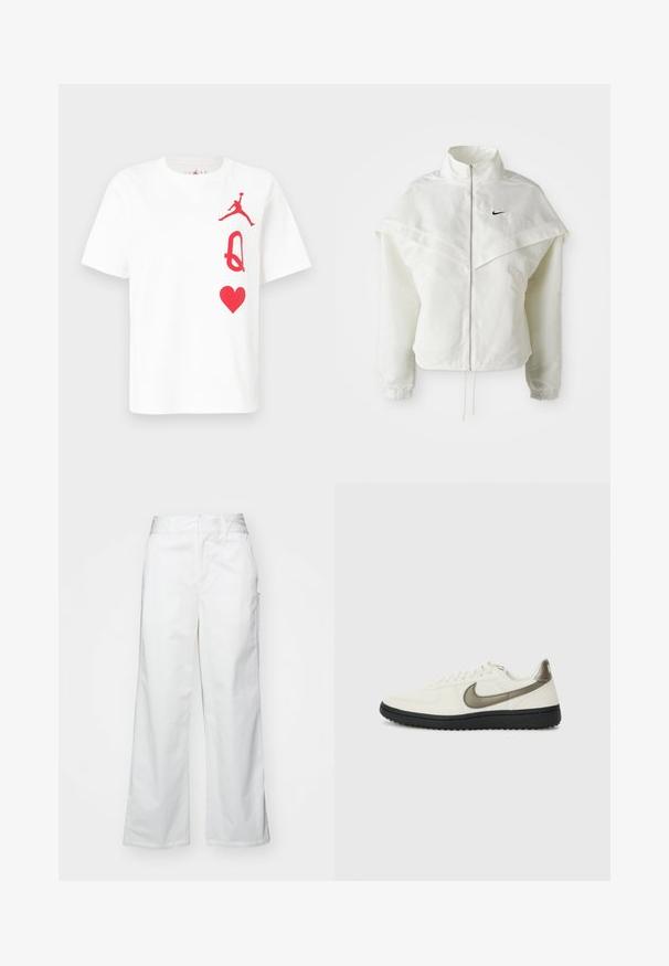 Biela bunda s dlhým rukávom na zips a vysokým golierom, s plášťovým detailom cez plecia, elastickými manžetami a malým čiernym logom Nike na hrudi.; Biela bavlnená tričko s červeným logom Jordan, červeným písmenom "Q" a červenou srdcovou grafikou na prednej strane. Krátke rukávy a okrúhly výstrih.; Biele široké nohavice vyrobené z bavlny, s hladkým povrchom, rovnou siluetou, prednými vreckami a čistým lemom.; Nike Sportswear FIELD GENERAL - Tenisky - off-white/black