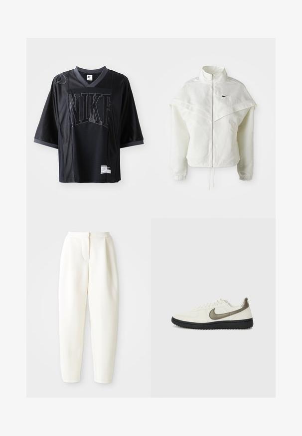 Jaqueta branca de mangas longas com fecho éclair e gola alta, detalhe tipo capa nos ombros, punhos elásticos e pequeno logótipo preto da Nike no peito.; Jersey Nike preto de mangas curtas com decote em V, detalhe em malha texturizada e logotipo em destaque na frente. Tecido texturizado e corte descontraído.; Calças brancas de cintura alta e corte tapered com fecho frontal oculto e bolsos laterais, exibidas contra um fundo branco liso.; Nike Sportswear FIELD GENERAL - Sapatilhas - off-white/black