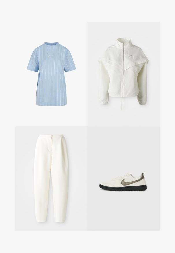 Hvid langærmet zip-up jakke med høj krave, kappe-lignende detaljer over skuldrene, elastiske manchetter og lille sort Nike-logo på brystet.; Lyseblå T-shirt med horisontale hvide striber, korte ærmer, høj halsudskæring og et diskret broderet logo på forsiden.; Højtaljede tapered hvide bukser med skjult frontlukning og sidelommer, vist på en ensfarvet hvid baggrund.; Nike Sportswear FIELD GENERAL - Sneakers - off-white/black