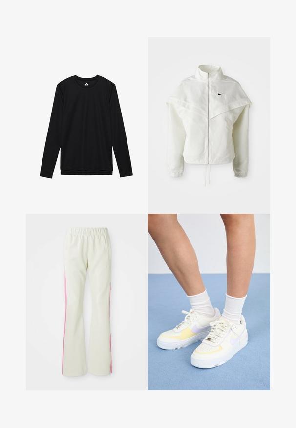 Hvit langermet jakke med glidelås og høy krage, kappe-lignende detaljer over skuldrene, elastiske mansjetter, og liten svart Nike-logo på brystet.; Langermet svart T-skjorte laget av glatt stoff, med rund hals, vanlig passform og subtile sømdetaljer ved kanten og ermene.; Lys beige bukser med elastisk linning, med rosa sidepaneler og sidelommer. Glatt tekstur med rett ben-design.; Hvit lær sneakers med gule og lavendel detaljer, rund tå, flate lisser, og teksturert gummisåle. Brukt med hvite sokker.
