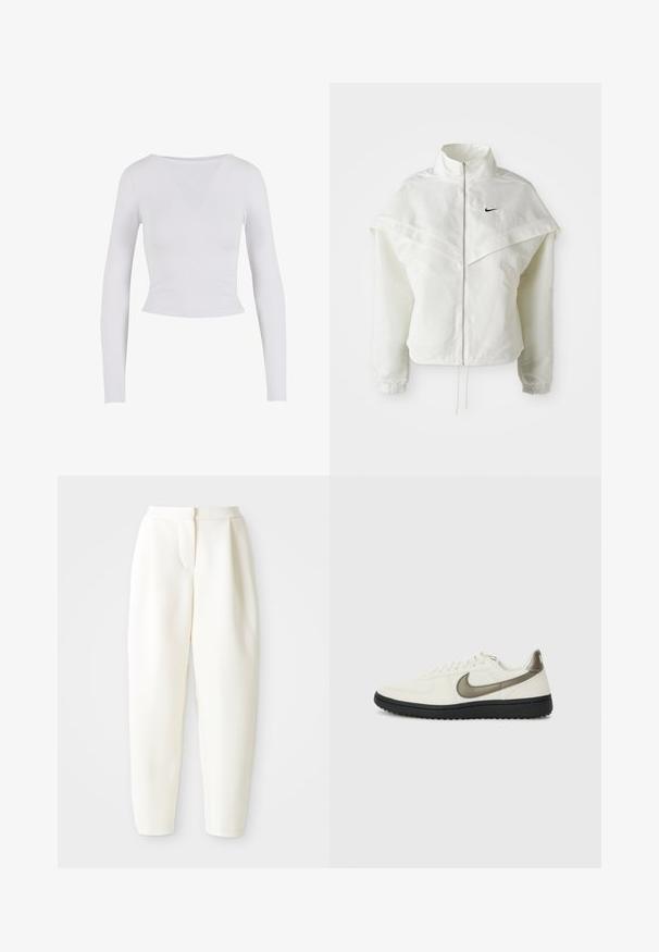 Balta garās piedurknes ar rāvējslēdzēju jaka ar augstu apkakli, apmetņa līdzīga detaļa uz pleciem, elastīgas aproces un mazs melns Nike logotips uz krūtīm.; Balts garo piedurknu topiņš ar apaļu kakla izgriezumu, izgatavots no gludas, elastīgas auduma, ar pieguļošu dizainu un bez redzamām aizdariem.; Augstas jostas līnijas, sašaurināti balti bikses ar slēptu priekšējo aizdari un sānu kabatām, attēloti uz vienkrāsaina balta fona.; Nike Sportswear FIELD GENERAL - Treniņu apavi - off-white/black