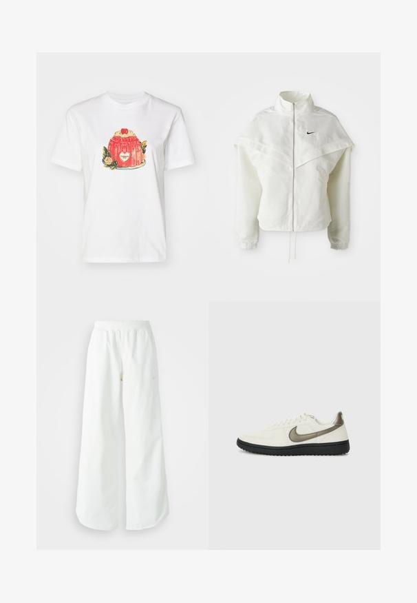 Valge pikkade varrukatega tõmblukuga jakk kõrge kraega, kätetooted, mis meenutavad katet õlgadel, elastsete mansettidega ja väikese musta Nike logoga rinnal.; Valge puuvillane T-särk, mille esiküljel on värviline illustratsioon magustoidust kirsiga peal ja lilleliste aktsentidega.; Valged laiad spordipüksid, ribadega vöökoht ja diskreetne logosümbol. Sile kangas, lõdvestatud istuvus ja kitsenev ääreosa.; Nike Sportswear FIELD GENERAL - Tossud - off-white/black