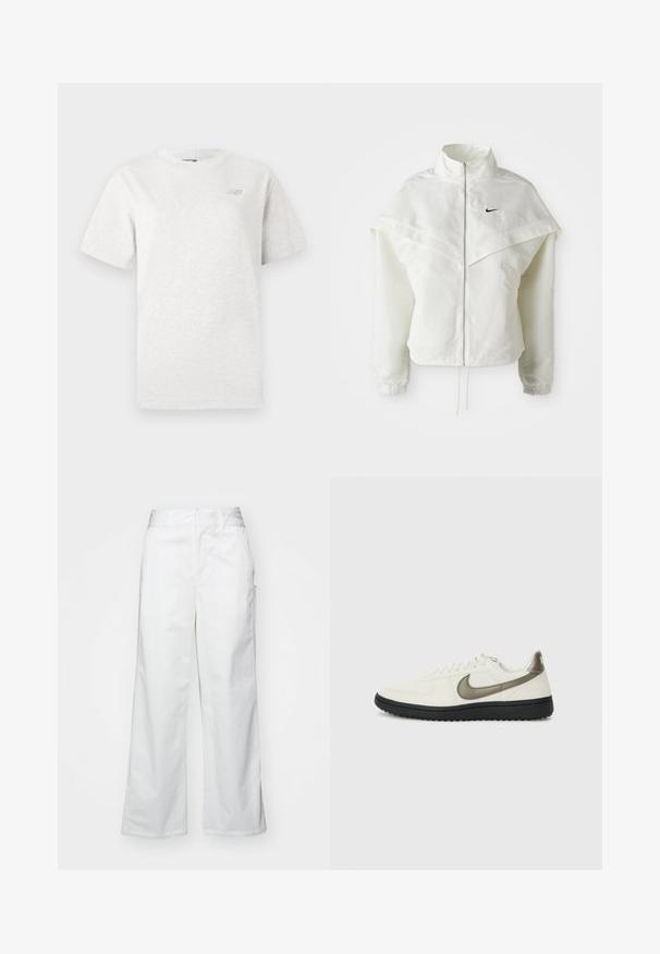 Balta ilga rankovė zip-up striukė su aukštu apykakle, švarkelio tipo detalėmis ant pečių, elastingomis rankovėmis ir mažuoju juodu Nike logotipu ant krūtinės.; Pilkas trumpomis rankovėmis marškinėliai, pagaminti iš minkštos medvilnės, su apvaliu iškirpimu ir mažu logotipu kairėje krūtinės pusėje.; Balti plačios kojos kelnės, pagamintos iš medvilnės, turinčios lygią tekstūrą, tiesų siluetą, priekinės kišenės ir švarų apvado kraštą.; Nike Sportswear FIELD GENERAL - Sportbačiai - off-white/black