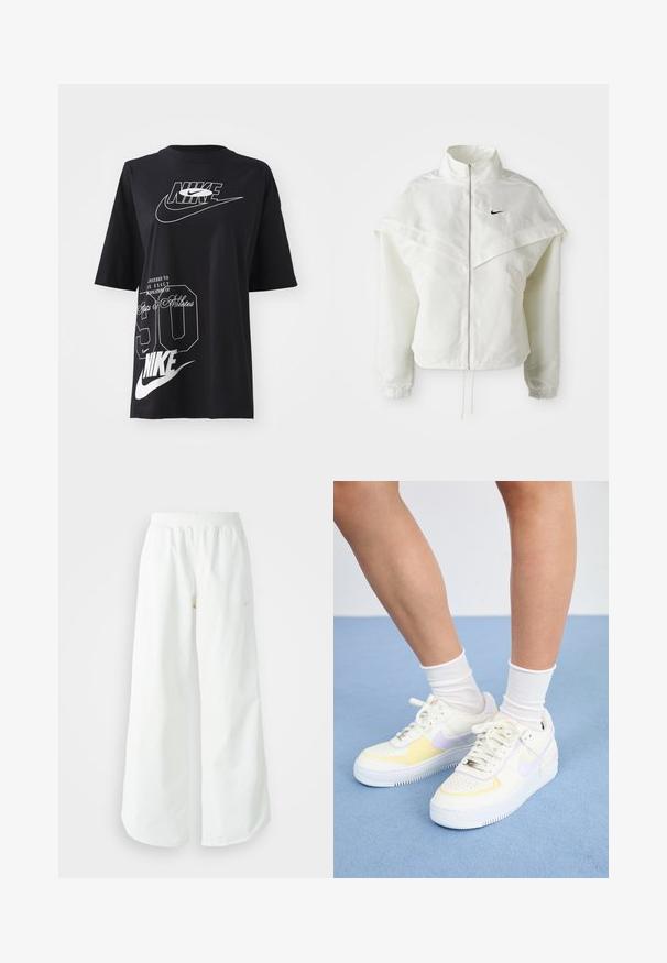 Λευκό ζακέτα με μακριά μανίκια και κλείσιμο με φερμουάρ, υψηλό γιακά, λεπτομέρεια που μοιάζει με κάπα στους ώμους, ελαστικούς μανσέτες και μικρό μαύρο λογότυπο Nike στο στήθος.; Μαύρο βαμβακερό μπλουζάκι με κοντά μανίκια, με λευκά λογότυπα και κείμενο της Nike, συμπεριλαμβανομένων των "90" και "Σχεδιασμένο σύμφωνα με τις ακριβείς προδιαγραφές των σπορ και των αθλητών."; Λευκό αθλητικό παντελόνι σε φαρδιά γραμμή με ραμμένο ζώνη και διακριτική λεπτομέρεια λογότυπου. Απαλή υφή με άνετη εφαρμογή και στενό στρίφωμα.; Λευκά δερμάτινα αθλητικά παπούτσια με κίτρινες και λιλά λεπτομέρειες, στρογγυλή μύτη, επίπεδες κορδόνια και υφασμάτινη σόλα από καουτσούκ με υφή. Φοριούνται με λευκές κάλτσες.