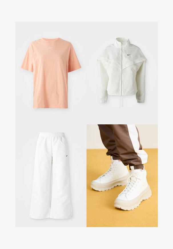Hvit langermet jakke med glidelås og høy krage, kappe-lignende detaljer over skuldrene, elastiske mansjetter, og liten svart Nike-logo på brystet.; Ferskenfarget bomull T-skjorte med korte ermer, rund hals og hvit Nike-logo på brystet. Myk tekstur, avslappet passform og uten mønstre.; Hvite treningsbukser med vid benutforming, elastisk midje og en liten svart Nike-logo på venstre side. Glatt, lett materiale.; Hvite høytoppsneakers med en tykk, teksturert såle, med en glatt øvre del, rund tå og tonede snøringer, satt mot en gul bakgrunn.
