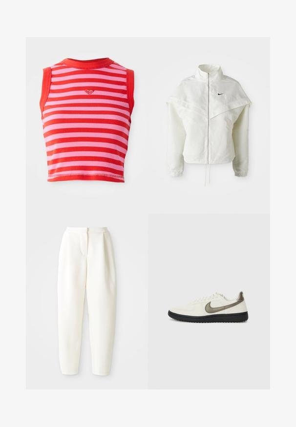 Jachetă albă cu mâneci lungi, cu fermoar, guler înalt, detalii asemănătoare unei capele pe umeri, manșete elastice și un mic logo Nike negru pe piept.; Top scurt cu dungi roșii și roz, având o textură ribbed, cu un decolteu rotund și un mic detaliu brodat sub formă de inimioară în centru.; Pantaloni albi, cu talie înaltă și croială conică, având închidere frontală ascunsă și buzunare laterale, expuși pe un fundal alb simplu.; Nike Sportswear FIELD GENERAL - Sneakers low - off-white/black