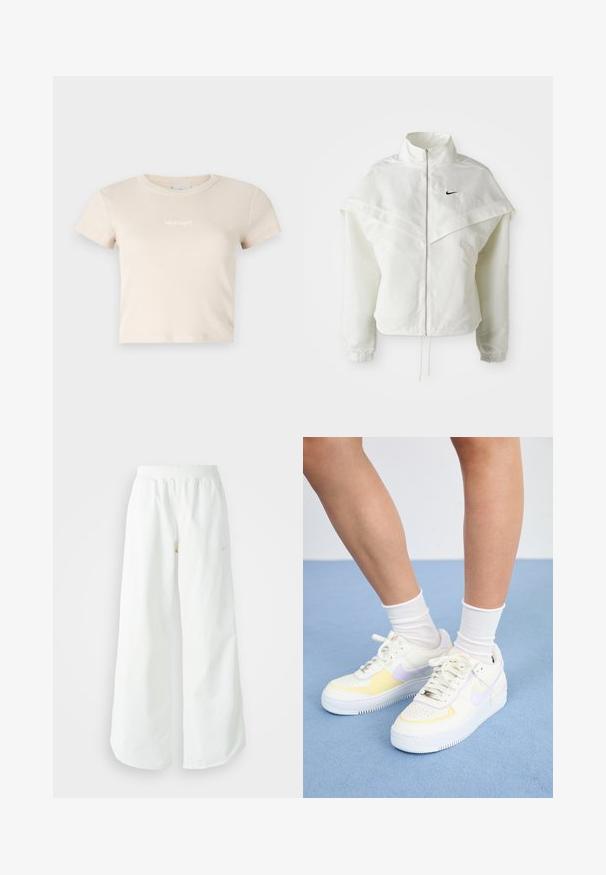 Giacca bianca a maniche lunghe con zip e colletto alto, dettaglio a mantella sulle spalle, polsini elasticizzati e piccolo logo Nike nero sul petto.; T-shirt cropped beige realizzato in tessuto a costine, con scollo rotondo e maniche corte. Include un piccolo logo a contrasto sul davanti.; Pantaloni sportivi bianchi a gamba larga con vita a coste e delicato dettaglio del logo. Tessuto liscio con vestibilità rilassata e orlo affusolato.; Sneakers bianchi in pelle con accenti gialli e lavanda, punta tonda, lacci piatti e suola in gomma texturizzata. Indossati con calzini bianchi.