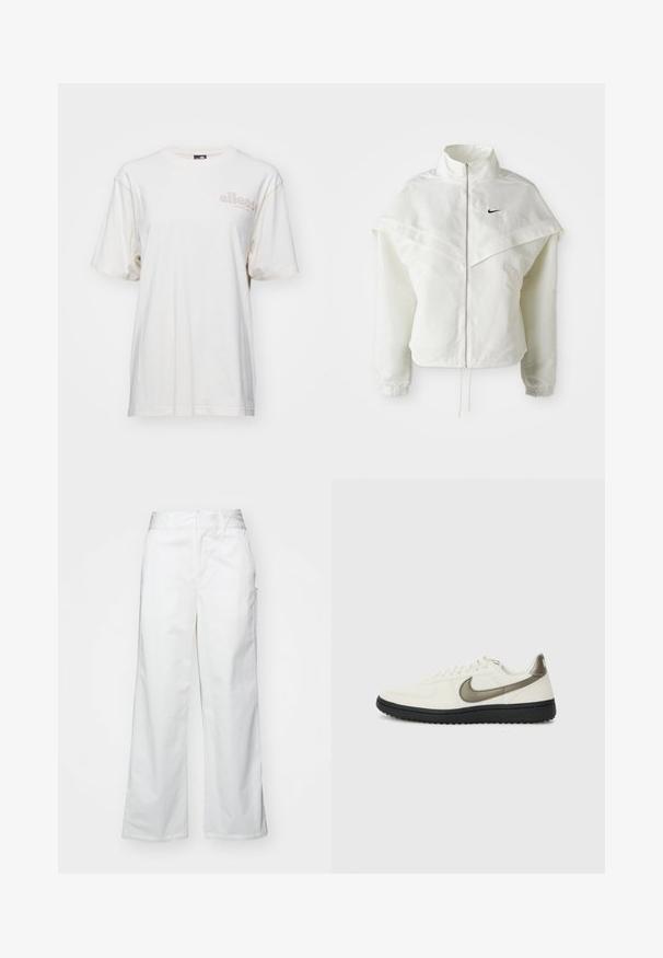 Balta ilga rankovė zip-up striukė su aukštu apykakle, švarkelio tipo detalėmis ant pečių, elastingomis rankovėmis ir mažuoju juodu Nike logotipu ant krūtinės.; Balta trumpų rankovių marškinėliai, pagaminti iš medvilnės. Be to, turi apvalią kaklo iškirptę, laisvą siluetą ir šviesių tonų logotipą, atspausdintą priekyje.; Balti plačios kojos kelnės, pagamintos iš medvilnės, turinčios lygią tekstūrą, tiesų siluetą, priekinės kišenės ir švarų apvado kraštą.; Nike Sportswear FIELD GENERAL - Sportbačiai - off-white/black