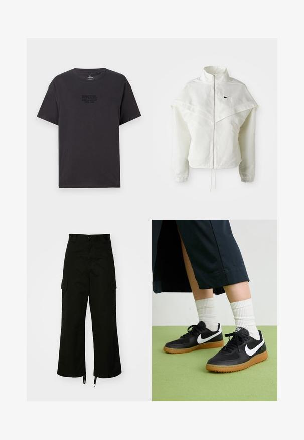 Valkoinen pitkähihainen vetoketjullinen takki korkealla kauluksella, viittamainen yksityiskohta olkapäillä, joustavat hihansuut ja pieni musta Nike-logo rinnassa.; Musta puuvillapaita, jossa on pyöreä pääntie, lyhyet hihat ja hienostunut, kohopainettu "Ripcurl Surfing Company" -logo rintakehässä.; Mustat cargo-housut, jotka on valmistettu puuvillasta. Niissä on leveät lahkeet, sivutaskut ja nyörikujat lahkeissa. Mallissa on nappikiinnitys vyötäröllä.; Mustat nahka- ja synteettiset urheilukengät, joissa on valkoinen Nike-merkki, kuminen pohja, pyöreä kärki ja mustat nauhat. Raitapintaiset valkoiset sukat näkyvissä.
