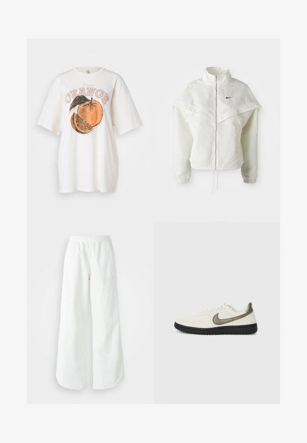 Balta ilga rankovė zip-up striukė su aukštu apykakle, švarkelio tipo detalėmis ant pečių, elastingomis rankovėmis ir mažuoju juodu Nike logotipu ant krūtinės.; Balta medvilninė marškinėliai su dideliu oranžiniu grafiniu atvaizdu, kuriame vaizduojamas apelsino gabalas ir žalia lapelė. Virš dizaino užrašas "Vand ORANGE" persiko ir juodos spalvos rašalu.; Balti sportiniai keliai su platėjančiomis kojomis, su įtemptu juosmeniu ir subtilia logotipo detale. Lygus audinys, laisvas kirpimas ir siaurėjantis apatinis kraštas.; Nike Sportswear FIELD GENERAL - Sportbačiai - off-white/black