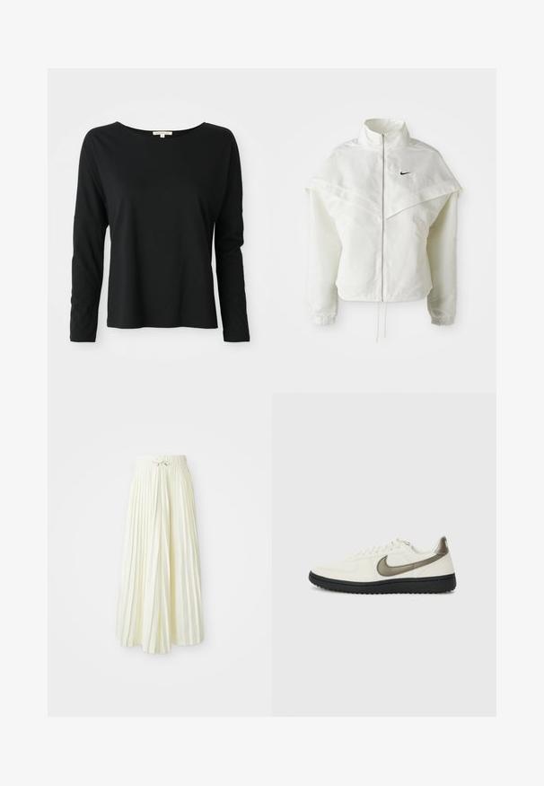 Balta ilga rankovė zip-up striukė su aukštu apykakle, švarkelio tipo detalėmis ant pečių, elastingomis rankovėmis ir mažuoju juodu Nike logotipu ant krūtinės.; Juodas ilgomis rankovėmis crewneck marškinėliai su laisvu siluetu ir nuleistomis pečių siūlėmis, pateikti ant baltos fono.; Šviesiai geltona, krokuota midi sijonas, su elastinga juosta ir juostele, glotnaus audinio tekstūra ir vertikalios juostelės papildomam akcentui.; Nike Sportswear FIELD GENERAL - Sportbačiai - off-white/black