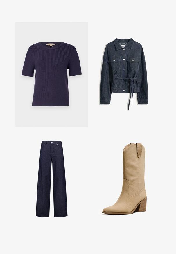 Veste en denim avec taille ceinturée, couleur bleu foncé, rayures verticales, fermetures à boutons et deux poches poitrine. Manches longues avec détails de poignets.; MICHAEL Michael Kors SHORT SHAKER - Pullover - dark iris; Pantalons en denim à jambes larges avec un motif rayé vertical bleu foncé et blanc, dotés de deux poches avant et d'une fermeture à bouton classique.; Bershka HIGH-HEEL - Bottes de cowboy / motard - beige