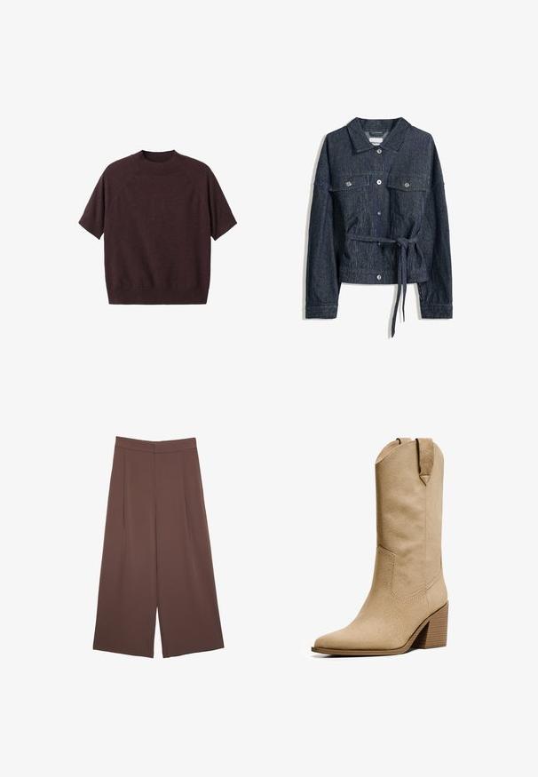 Giacca in denim con vita a fascia, colore blu scuro, strisce verticali, chiusure a bottone e due tasche sul petto. Maniche lunghe con dettagli ai polsini.; Maglione a maniche corte in maglia bordeaux scuro. Presenta un collo a giro ribbed e una vestibilità rilassata, con maniche raglan e una texture liscia.; Pantaloni ampi marroni con una texture liscia, caratterizzati da una vita alta e pieghe frontali. Il tessuto è leggero e scorre liberamente.; Bershka HIGH-HEEL - Stivali texani / biker - beige