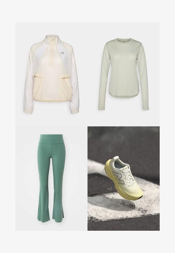 Ľahká pulóverová bunda v krémovej farbe, s golierom na polovičný zips, dvoma prednými vreckami a jemne kontrastnými textúrami látky. Prítomné logo New Balance.; Dlhý rukáv, svetlozelená košeľa vyrobená z textúrovaného materiálu, s okrúhlym výstrihom a malým logom na ľavej strane hrudníka.; Zelené legíny s rozšírenými nohavicami vyrobené z elastického materiálu. Majú vysoký pás a hladkú textúru, navrhnuté pre pohodlie a pohyb.; Svetlo žltá bežecká obuv s textúrovaným zvrškom, šnúrkami a podšívkou s tlmením. Prednosťou je strieborné logo na boku a elegantný dizajn.