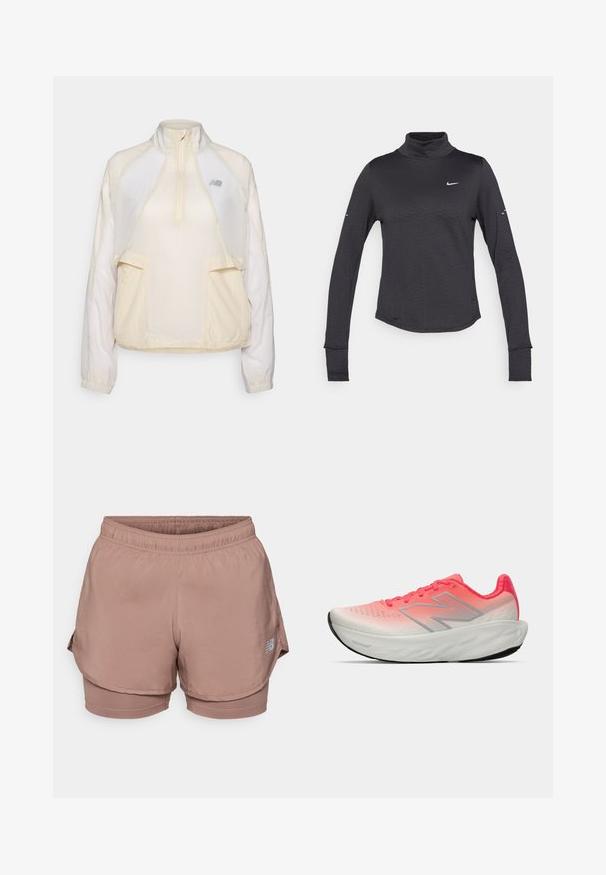 Kevyt vetoketjullinen takki, vaaleassa kerma-värissä, jossa on puolivetoketjun kaulus, kaksi etutaskua ja hienovaraisesti erottuvat kangasrakenteet. New Balance -logo on läsnä.; Musta pitkähihaisen turtleneck-paita, jossa on hienovarainen tekstuuri, ja jossa on pieni valkoinen Nike-logo rinnassa sekä peukalonreiät hihoissa.; Vaaleanpunaiset urheilushortsit, joissa on joustava vyötärö, kerroksellinen muotoilu ja heijastava logo-yksityiskohta sivussa. Pehmeä kangas.; Urheilujalkine, jossa on vaaleanpunainen ja valkoinen gradienttiverkkopinta, hopeinen logo, pehmustettu pohja ja teksturoitu kumipohja.