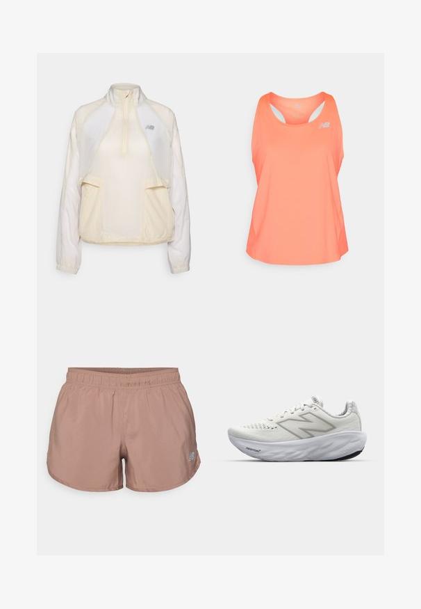 Chaqueta ligera de pico en color crema, con un collar de media cremallera, dos bolsillos frontales y sutiles texturas de tela en contraste. Presente el logo de New Balance.; Top de entrenamiento rosa con escote redondeado, diseño de espalda nadadora y agujeros de ventilación. Presenta un pequeño logo reflectante en la parte frontal.; Shorts deportivos color marrón claro con cintura elástica y un pequeño logo reflectante en el lado. Fabricados con un tejido ligero y suave.; Zapatillas deportivas blancas con parte superior de malla, que cuentan con un cuello acolchado, suela texturizada y la marca "Fresh Foam" en la entresuela.
