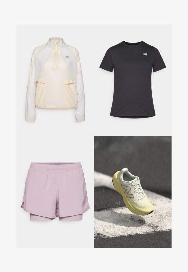 Kevyt vetoketjullinen takki, vaaleassa kerma-värissä, jossa on puolivetoketjun kaulus, kaksi etutaskua ja hienovaraisesti erottuvat kangasrakenteet. New Balance -logo on läsnä.; Musta lyhyt hiha t-paita, joka on valmistettu pehmeästä kankaasta. Paidassa on pieni harmaa New Balance -logo vasemmassa ylärinnassa ja klassinen pyöreä kaula-aukko.; Vaaleanpunaiset urheilushortsit, joissa on joustava vyötärö, sisävuori ja sivuaukot joustavuutta varten. Valmistettu kevyestä, hengittävästä kankaasta.; Vaaleankeltainen juoksukenkä, jossa on teksturoitu päällinen, nauhat ja pehmeä pohja. Sivussa on hopeinen logo ja tyylikäs muotoilu.