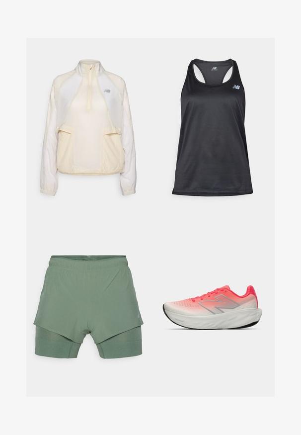 Šviesus paltaiklis džemperis kreminės spalvos, su pusiau užtrauktuku, dviem priekinėmis kišenėmis ir subtiliomis priešingomis audinių tekstūromis. Yra New Balance logotipas.; Juodas sportinis tankas, pagamintas iš lengvos medžiagos, su lenktomis atvartinėmis petnešomis, plokščiomis siūlėmis ir pilkame spalvos New Balance logotipu viršutiniame kairiajame kampe.; Šviesiai žali sportiniai šortai su dvigubo sluoksnio dizainu; viršutinis sluoksnis turi perforaciją, o vidinis sluoksnis yra su gumbuota tekstūra.; Sportiniai batai su gradientinėmis rožinėmis ir baltomis tinklinėmis viršutinėmis dalimis, sidabriniu logotipu, minkšta padu ir tekstūruotu gumuotu padu.
