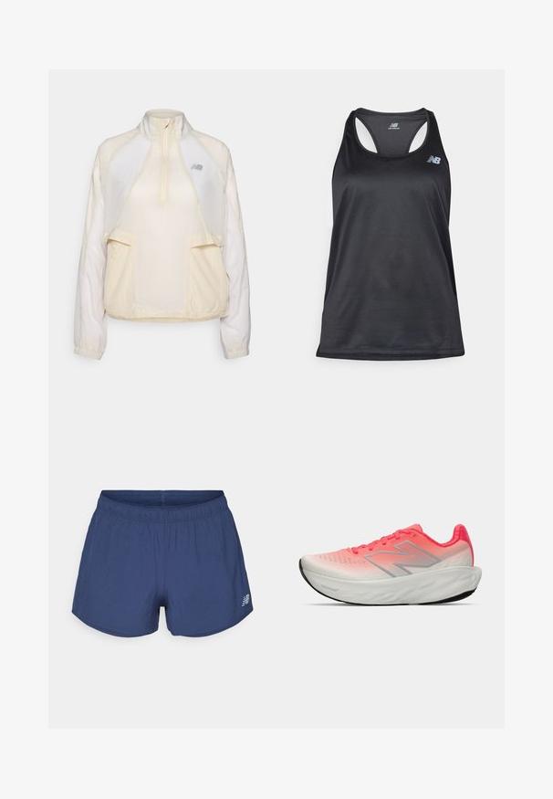 Kevyt vetoketjullinen takki, vaaleassa kerma-värissä, jossa on puolivetoketjun kaulus, kaksi etutaskua ja hienovaraisesti erottuvat kangasrakenteet. New Balance -logo on läsnä.; Musta urheilullinen toppi, joka on valmistettu kevyestä kankaasta, sisältää racerback-muotoilun, tasaiset saumat ja New Balancen harmaan logon vasemmassa yläkulmassa.; Tummansininen urheilusortsit, joissa on joustava vyötärö ja pieni New Balance -logo vasemmassa alareunassa.; Urheilujalkine, jossa on vaaleanpunainen ja valkoinen gradienttiverkkopinta, hopeinen logo, pehmustettu pohja ja teksturoitu kumipohja.