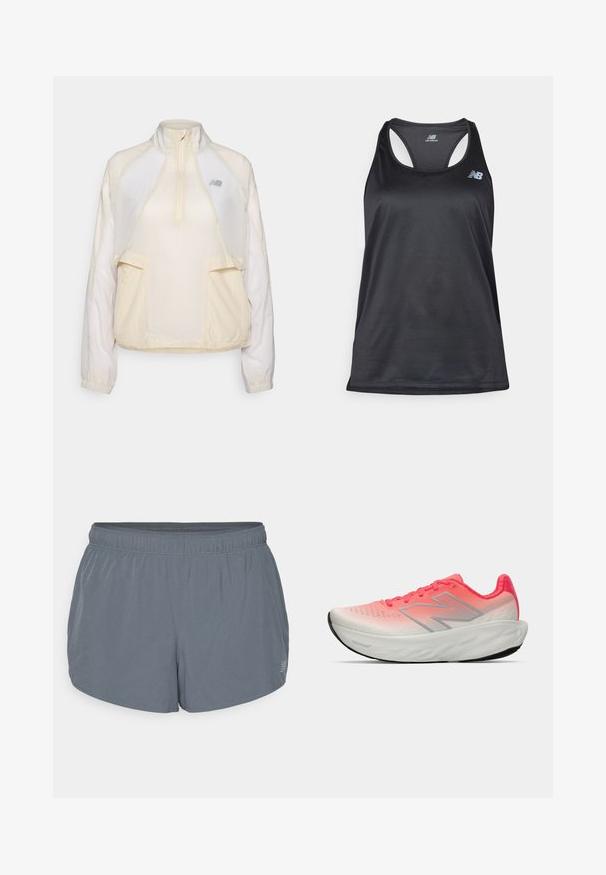 Lagani pulover jakna u krem boji s polu-zip ovratnikom, dva prednja džepa i suptilnim kontrastnim teksturama tkanine. Prisutni New Balance logo.; Crni atletski majica bez rukava izrađena od lagane tkanine, s dizajnom u stilu trkača, ravnim šavovima i logotipom New Balance u sivoj boji na gornjem lijevom dijelu.; Sive atletske kratke hlače s mekom teksturom, elastičnim pojasom i lagano zakrivljenim rubom. Imaju male perforacije za prozračenje.; Sportska cipela s gradijentom u ružičastoj i bijeloj boji na gornjem dijelu od mrežice, sadrži srebrni logo, podstavljeni đon i teksturiranu gumu na donjem dijelu.