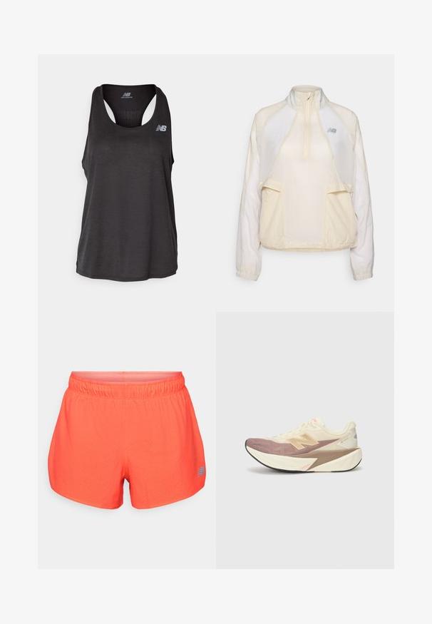 Casaco leve em creme, com colarinho de fecho de meia-zips, dois bolsos frontais e texturas de tecido contrastantes subtis. Logotipo da New Balance presente.; Camisola atlética preta sem mangas com costas em malha, decote redondo e design sem mangas; apresenta o logotipo da New Balance em branco no lado esquerdo do peito.; Calções de corrida masculinos em corais brilhantes, feitos de um tecido respirável com textura perfurada. Apresentam uma cintura elástica e um detalhe em logótipo azul.; Shoe de corrida com parte superior creme, detalhes em rosa e elementos cinzentos. Apresenta uma sola grossa com uma superfície texturizada e um logótipo proeminente.