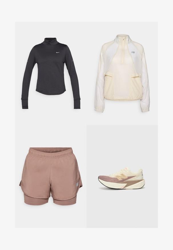 Letvægts pullover-jakke i creme, med halv-zip krave, to frontlommer og subtile kontrasterende stofstrukturer. New Balance-logoet er til stede.; Sort langærmet turtleneck skjorte med et subtilt tekstureret mønster, der har et lille hvidt Nike-logo på brystet og tommelhuller i manchetterne.; Lys pink atletik shorts har en elastisk talje, lagdelt design og en reflekterende logo detalje på siden. Glat stof.; Løbesko med en cremefarvet overdel, lyserøde detaljer og grå elementer. Har en tyk sål med en tekstureret overflade og et fremtrædende logo.