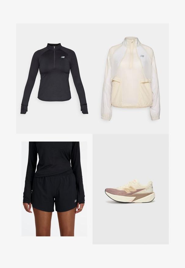 Könnyű pulóverdzseki krém színben, félig cipzáros gallérral, két elülső zsebbel és finoman eltérő szövettextúrákkal. Jelen van a New Balance logó.; Fekete, hosszú ujjú sportos felső, félcipzáros gallérral, textúrált anyagból, bal mellen egy kis szürke logóval. Testhez álló fazon.; Fekete sportnadrág rugalmas derékkal és visszaverős logóval. Az anyaga könnyűnek és simának tűnik, laza szabással.; Futócipő krémszínű felsőrésszel, pink kiegészítőkkel és szürke részletekkel. Vastag talpa van, ami textúrázott felületű és hangsúlyos logóval rendelkezik.