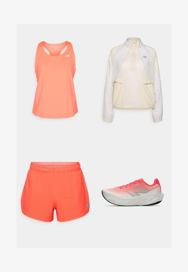 Lichtgewicht pullover jack in crème, met een halve rits kraag, twee voorke pockets en subtiele contrasterende stoftexturen. New Balance-logo aanwezig.; Roze sporttanktop met een ronde hals, racerback ontwerp en ventilatiegaten. Heeft een klein reflecterend logo op de voorkant.; Heren hardloopschoenen in helder koraal, gemaakt van ademend materiaal met een geperforeerde textuur. Voorzien van een elastische tailleband en een blauw logoaccent.; Sportieve schoen met een gradient roze en witte mesh bovenkant, voorzien van een zilveren logo, een gevoerde zool en een gestructureerde rubberen buitenzool.