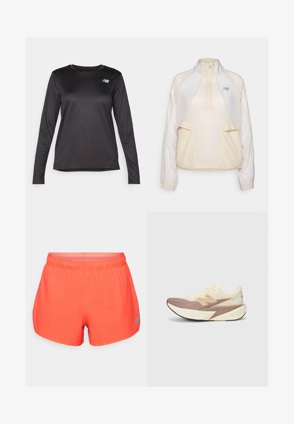 Kevyt vetoketjullinen takki, vaaleassa kerma-värissä, jossa on puolivetoketjun kaulus, kaksi etutaskua ja hienovaraisesti erottuvat kangasrakenteet. New Balance -logo on läsnä.; Pitkähihainen musta urheilupaita, joka on valmistettu sileästä, kevyestä materiaalista ja jossa on hienovarainen rakenne sekä pieni logo rinnassa.; Urbaanit juoksushortsit kirkkaassa korallinvärissä, valmistettu hengittävästä kankaasta, jossa on rei'itetty rakenne. Varustettu joustavalla vyötärönauhalla ja sinisellä logolla.; Juoksukengät, joissa on kerma vaaleat päälliset, vaaleanpunaiset korostukset ja harmaat yksityiskohdat. Varusteena paksu pohja, jossa on teksturoitu pinta ja erottuva logo.