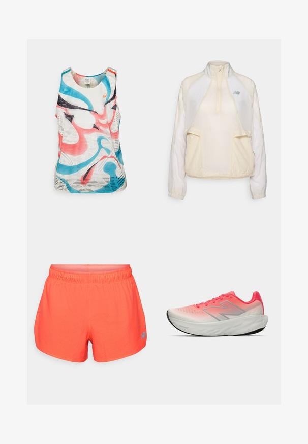 Lahka pulover jakna v kremni barvi, s polovičnim zadrgo na ovratniku, dvema sprednjima žepoma in subtilnimi kontrastnimi teksturami tkanin. Prisutno je tudi logotip New Balance.; Majica brez rokavov za športne aktivnosti, izdelana iz zračnega mrežastega materiala. Ima abstraktne vzorce v roza, modri in črni barvi na beli podlagi.; Moške tekaške kratke hlače v svetlem koralnem odtenku, narejene iz zračnega materiala s perforirano teksturo. Imajo elastičen pas in modri logotip.; Atletski čevelj z gradientno roza in belo mrežasto zgornjimi deli, opremljen s srebrnim logotipom, oblazinjenim podplatom in teksturirano gumijasto podplato.