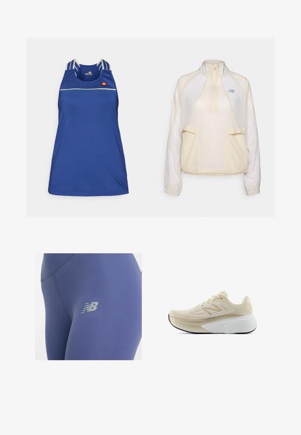 Lightweight pullover jacket in cream, featuring a half-zip collar, two front pockets, and subtle contrasting fabric textures. New Balance logo present.; Blue sleeveless athletic top made of smooth material, featuring thin white horizontal stripes and a multicolored logo on the chest.; Leggings in deep blue fabric with a smooth texture, featuring a reflective gray logo on the thigh and flatlock seams for comfort.; Beige and white New Balance running shoe with knit upper, thick cushioned midsole, and black outsole, shown in side profile on white background.