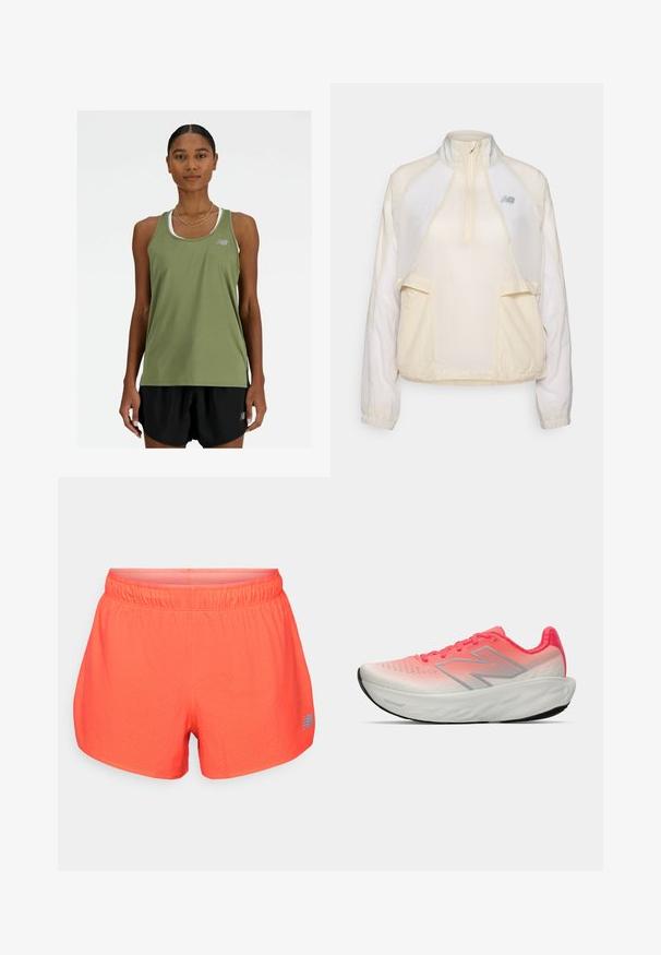 Kevyt vetoketjullinen takki, vaaleassa kerma-värissä, jossa on puolivetoketjun kaulus, kaksi etutaskua ja hienovaraisesti erottuvat kangasrakenteet. New Balance -logo on läsnä.; New Balance SPORT ESSENTIALS TANK - Toppi - dark olivine; Urbaanit juoksushortsit kirkkaassa korallinvärissä, valmistettu hengittävästä kankaasta, jossa on rei'itetty rakenne. Varustettu joustavalla vyötärönauhalla ja sinisellä logolla.; Urheilujalkine, jossa on vaaleanpunainen ja valkoinen gradienttiverkkopinta, hopeinen logo, pehmustettu pohja ja teksturoitu kumipohja.
