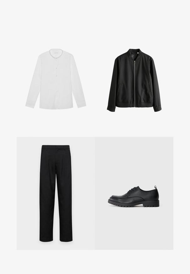 Giacca bomber nera con zip frontale, colletto e polsini a costine, tasche laterali e una texture liscia. Design casual e aderente.; Camicia bianca a maniche lunghe, con colletto alla cinese e un taschino sul petto, posata piatta su uno sfondo neutro.; Pantaloni neri realizzati in tessuto liscio, caratterizzati da un taglio dritto, due pieghe frontali e una vita standard con passanti per la cintura.; Scarpa da uomo in pelle nera con una texture liscia, punta tondeggiante, lacci sul davanti e suola in gomma resistente con un motivo in rilievo.