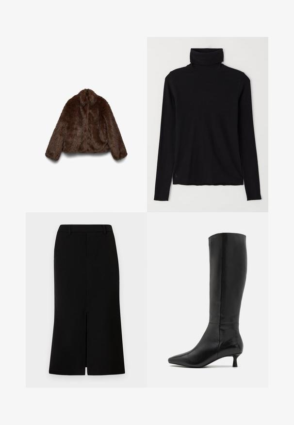 Brown faux fur jacket with a soft texture, high collar, and long sleeves; cropped design enhances its voluminous shape.; Black turtleneck sweater made of ribbed fabric. Long sleeves, close-fitting design, and a slightly relaxed hem with no visible patterns or hardware.; Black knee-length skirt with a straight silhouette, featuring a front slit, smooth texture, and tailored waistband.; Zign Boots - black