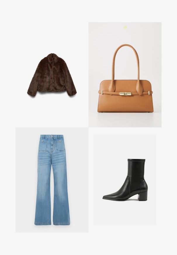 Brun jakke i kunstpels med myk tekstur, høy krage og lange ermer; kort design fremhever dens voluminøse form.; Svart langermet, tett topp med firkantet hals, merket GAP, vist på en hvit bakgrunn.; Lys blå denimbukser med vid ben-design, med to frontlommer og to baklommer, avsluttet med råsøm og knappelukking.; Sorte ankelstøvler laget av glatt lær, med spiss tå, blokkhelt og distinkte hevede sømmer på toppen.; Brun lærveske med en strukturert design, doble håndtak og detaljer i gulltone. Glatt tekstur med avrundede hjørner.