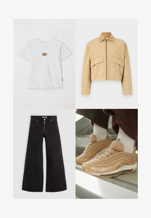 Giacca beige tagliata con colletto in velluto a coste, zip frontale e due grandi tasche a pattina. Realizzata in resistente materiale di cotone.; T-shirt bianco in cotone con logo rotondo e dettagli multicolore. Maniche corte e colletto alla cantonese, con un piccolo cartellino all'orlo.; Jeans a gamba larga in denim nero con chiusura a zip, design a cinque tasche e dettagli di cucitura sottili. Texture morbida e stile casual.; Sneakers Nike Air Max 97 in una tonalità beige chiaro con design a strati, finitura testurizzata e ammortizzazione d'aria visibile su una suola bianca.