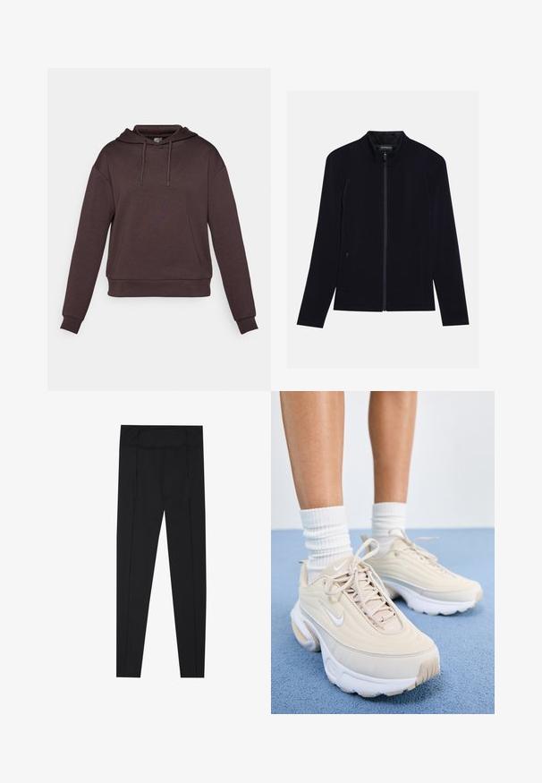 Black zip-up jacket with a high collar, made of soft fabric. Features two side pockets and a smooth, uniform texture. Simple design.; Brown hooded sweatshirt with long sleeves, made of soft fabric. Features a drawstring hood and a ribbed hem at the bottom and cuffs.; Black leggings featuring a smooth texture, high waistband, and stitching details along the sides. Slim-fit design, suitable for various activities.; Beige athletic shoes with a textured upper, white laces, and a thick white sole. The design features subtle curves and a small logo.