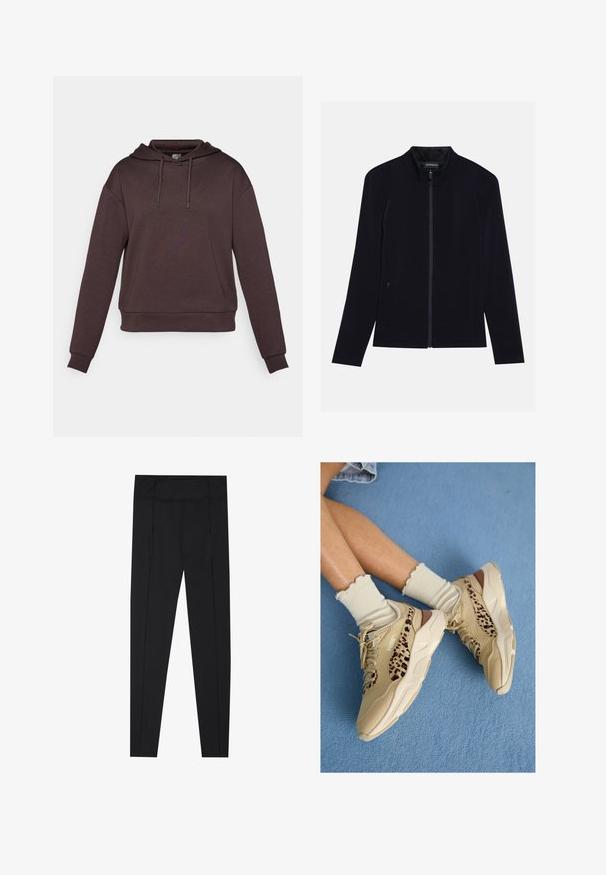 Czarna kurtka z zamkiem i wysokim kołnierzem, wykonana z miękkiego materiału. Posiada dwie boczne kieszenie oraz gładką, jednolitą fakturę. Prosty design.; Brązowa hoodie z kapturem i długimi rękawami, wykonana z miękkiego materiału. Posiada sznurek przy kapturze oraz ściągacze u dołu i na mankietach.; Czarne legginsy o gładkiej fakturze, wysokim stanie i detalu stębnowania po bokach. Dopasowany krój, odpowiednie do różnych aktywności.; Skrzyżowane nogi w beżowych butach Puma z paskami w panterkę i falbankowymi kremowymi skarpetkami na niebieskim dywanie.