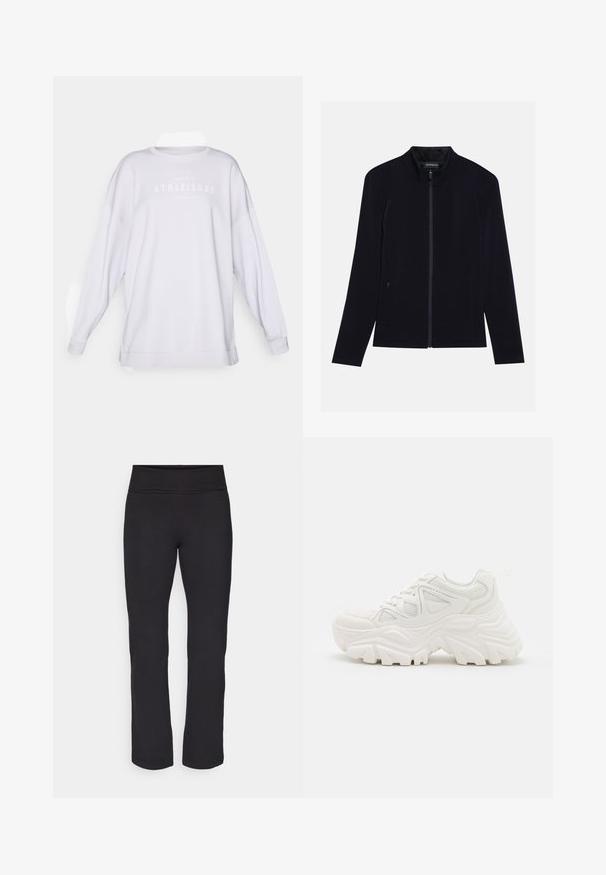 Zwarte zip-up jack met hoge kraag, gemaakt van zacht materiaal. Bevat twee zijzakken en een gladde, uniforme textuur. Eenvoudig ontwerp.; Witte oversized sweatshirt met lange mouwen, ronde halslijn en subtiele grijze opdruk van de tekst "ATHLEISURE" op de borst. Zachte stoffen textuur.; Zwarte leggings van een gladde, rekbare stof met een brede tailleband. Ze hebben rechte, volle lengtes en geen zichtbare patronen of accenten.; Witte chunky sneakers met een textuur bovenwerk, meshpanelen en dikke rubberen zolen met een uitgesproken profiel. Inclusief veters en een aantreklip.