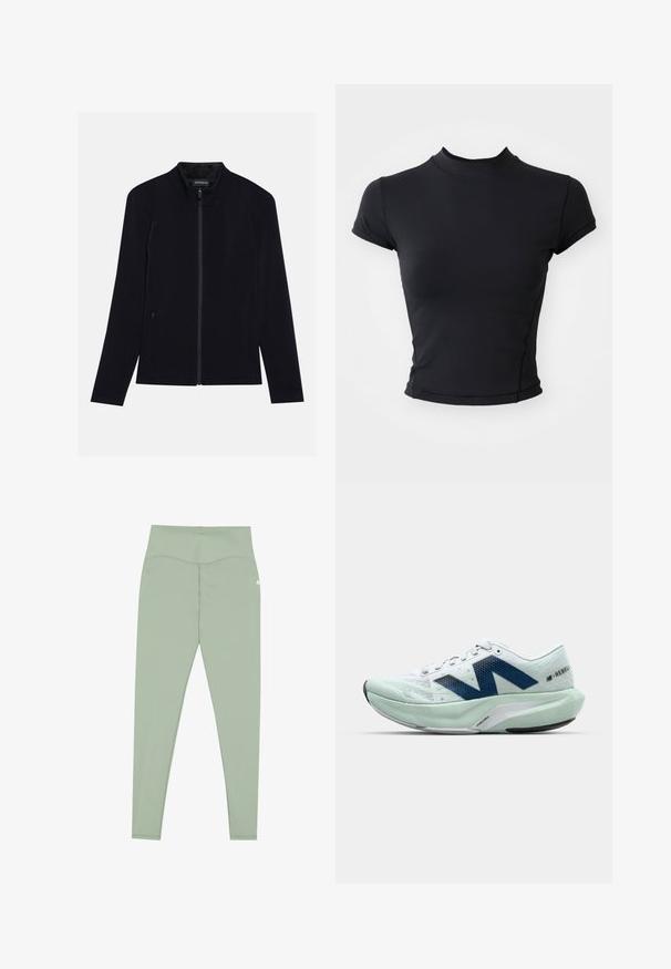 Must mustaga tõmblukuga jakk kõrge kaelusega, valmistatud pehmest kangast. Omab kahte küljetaskut ja ühtlast, sujuvat tekstuuri. Lihtne disain.; Must have musta must rinna muldne trööp alusega musta vähe mulda t-särk sileda, elastse kangaga, kõrge kaelusega ja lühikeste varrukatega, millel on puhas õmblus ja sobiv siluett.; Mündrohe rohelised legg strikeid, mis on valmistatud venivast kangast, kõrge vööosaga ja lapitehnika õmblustega mugavuse ja voolujoonelise silueti saavutamiseks.; Kerge jooksujalats valge ja heleda mündi värvuses, siniste aktsentidega, tekstuuriga võrkkangas ülalt ja pehme tallaga, kus on väljendunud kand.