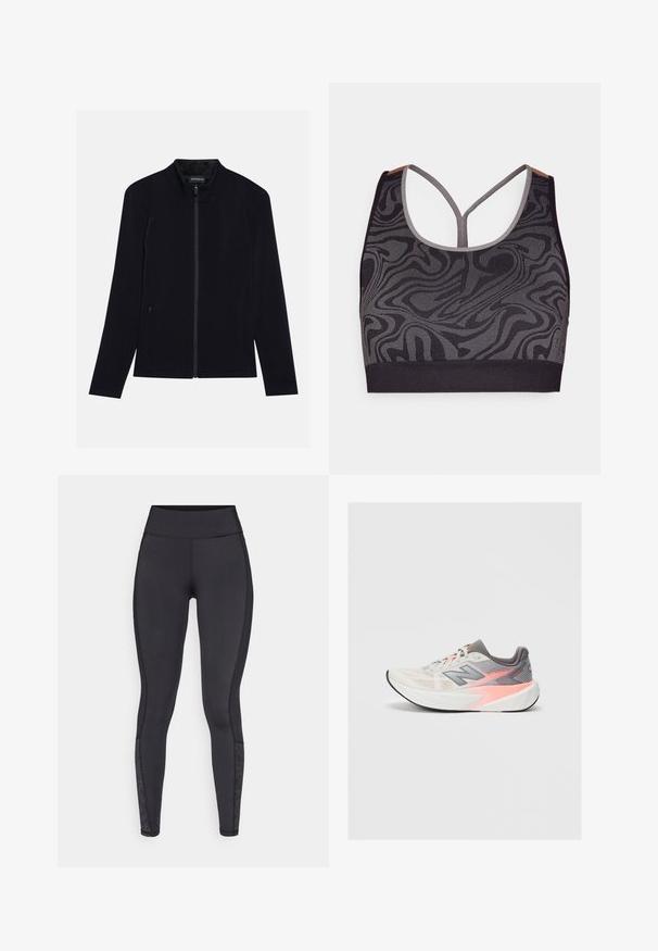 Svart hettejakke med høy krage, laget av myk stoff. Har to sidelommer og en jevn, ensartet tekstur. Enkelt design.; Svart sportsbh med grå virvlende mønster, med scoop hals og racerback-design. Laget av teksturert strikket stoff.; Svarte tights laget av elastisk materiale. Høy midje, glatt tekstur, med mønstrede detaljer ved leggen.; Lys grå og rosa New Balance løpesko med tykk hvit såle og svart yttersåle, sidevisning på ensfarget bakgrunn.