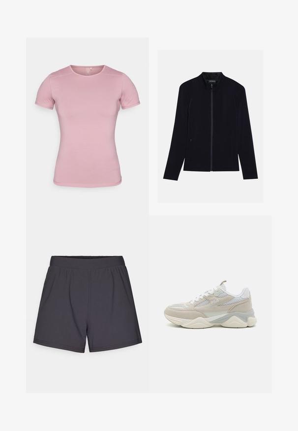 Chaqueta negra con cremallera y cuello alto, hecha de un tejido suave. Cuenta con dos bolsillos laterales y una textura lisa y uniforme. Diseño sencillo.; Camiseta de manga corta en suave color rosa, con tejido texturizado y forma ajustada. Presenta un cuello redondo y un dobladillo estándar sin adornos.; Pantalones cortos deportivos negros hechos de un tejido ligero y elástico. Presentan una cinturilla elástica y un diseño simple y sin adornos.; Zapatillas beige y blancas hechas de ante y malla, con una suela gruesa, diseño de cordones y un logotipo en el lateral.