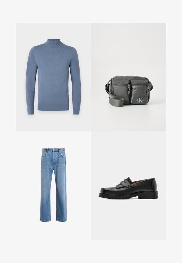 Padded jacket w ciemnozielonym kolorze z kapturem, z zamkiem błyskawicznym, pikowaniem w zygzak oraz elastycznymi mankietami. Podszewka w kontrastowym beżowym materiale.; Jasnoniebieski sweter z golfem wykonany z dzianiny, z długimi rękawami, prążkowanym kołnierzem i dolnym ściągaczem. Prosty wzór bez widocznych zdobień.; Jasnoniebieskie dżinsy o prostym kroju, pięć kieszeni, zapięcie na guzik, minimalne blaknięcia i kontrastowe wykończenia szwów.; Czarne skórzane mokasyny mają wyraźny szew, dwa dekoracyjne paski na górze oraz grubą, teksturowaną podeszwę dla lepszej przyczepności.; Szara nylonowa torba na ramię z dwoma zapinanymi na zamek przednimi kieszeniami, regulowanym paskiem i akcentem z logo. Gładka powierzchnia o nowoczesnym wzornictwie.