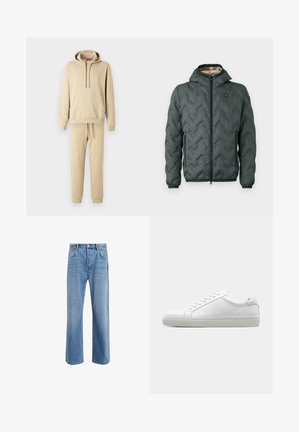 Vadderad jacka i mörkgrön med huva, som har dragkedjestängning, chevronkviltning och elastiska ärmslut. Fodrad med ett kontrasterande beige material.; Beige hoodie och jogger-set tillverkat av mjukt tyg. Hoodien har dragsko och en framficka; joggarna har elastisk midja.; Ljust blå denimjeans med rak passform, fem fickor, knappstängning, minimal blekning och kontrasterande sömdetaljer.; Vit sneaker med en slät läderövre och låg profil. Har en rundad tå, sex snörhål och en strukturerad gummisula.
