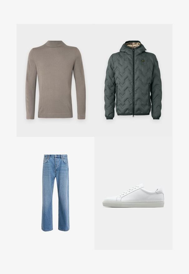Padded jacket in dark green with a hood, featuring a zip closure, chevron quilting, and elastic cuffs. Lined with a contrasting beige material.; Light brown, long-sleeve turtleneck sweater. Soft knit texture, fitted design, ribbed cuff and hem. Simple, seamless construction.; Light blue denim jeans with a straight-leg design, five pockets, button closure, minimal fading, and contrasting stitching details.; White sneaker with a smooth leather upper and a low profile. Features a rounded toe, six eyelets, and a textured rubber sole.